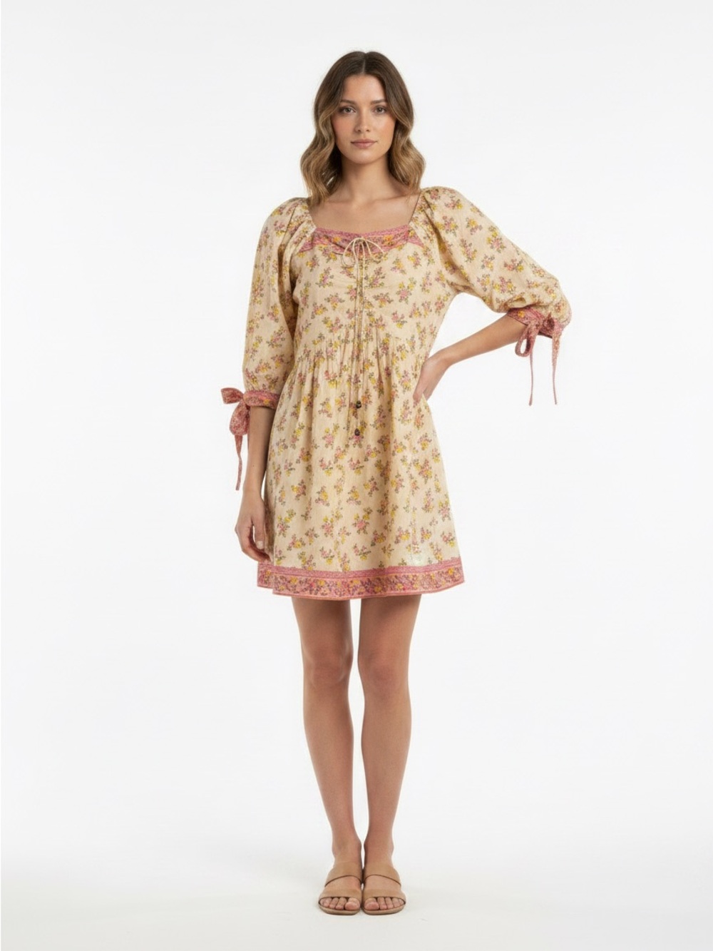 POL Floral Tie-Accent Mini Dress in Peach & Pink
